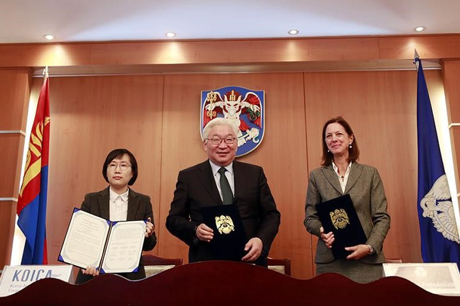 The Asia Foundation sign a Memorandum of Understanding with KOICA and the office of the Mayor of Ulaanbaatar in Ulaanbaatar, February 18, 2016
